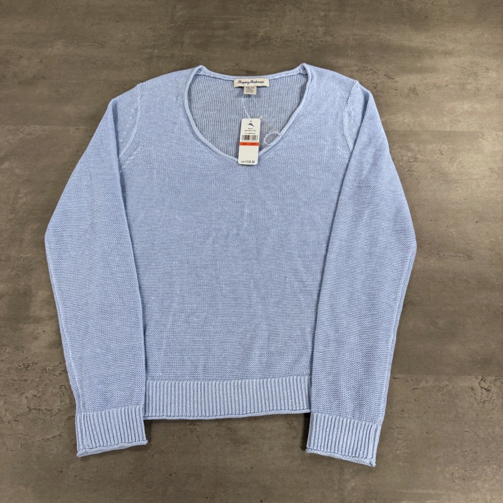 Tommy Bahama Sweater Womens XS 100% Linen Knit V-Neck Light Baby Blue NEW $138
